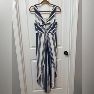Blue Linen-Blend Striped Wide Leg Jumpsuit | Taylor & Sage S